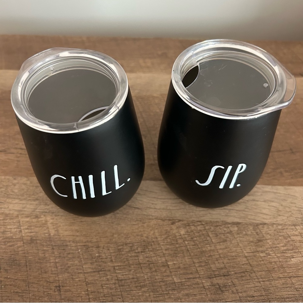 Rae Dunn Sip and Chill Black Insulated Stemless Wine Tumblers Cups Set of 2 - Picture 2 of 6